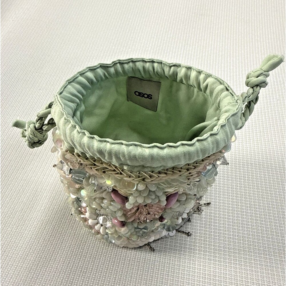 ASOS Crystal Beaded + Sequined Mini Grab Drawstring Round Spring Clutch Purse